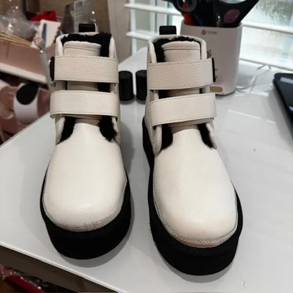 UGG White Neumel Platform Strap Ankle Boots, Youth 3, Fits Women US 4.5-5
