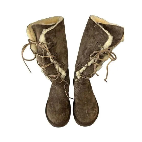 UGG Whitley Tall Brown Suede Boots Lace Up Sheepskin Shearling 5122 Womens 8 39