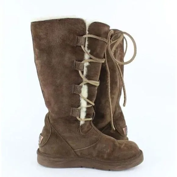 UGG Whitley Tall Brown Suede Boots Lace Up Sheepskin Shearling 5122 Womens 8 39