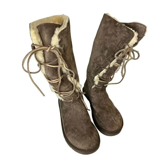UGG Whitley Tall Brown Suede Boots Lace Up Sheepskin Shearling 5122 Womens 8 39