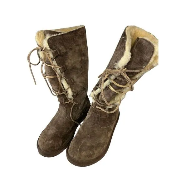 UGG Whitley Tall Brown Suede Boots Lace Up Sheepskin Shearling 5122 Womens 8 39
