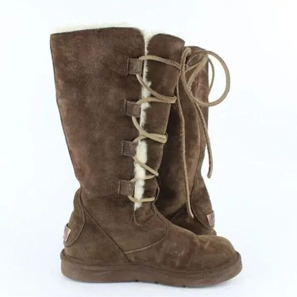 UGG Whitley Tall Brown Suede Boots Lace Up Sheepskin Shearling 5122 Womens 8 39