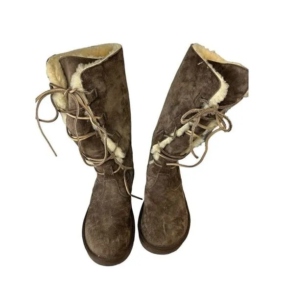 UGG Whitley Tall Brown Suede Boots Lace Up Sheepskin Shearling 5122 Womens 8 39