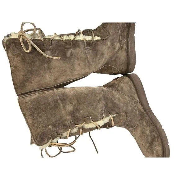UGG Whitley Tall Brown Suede Boots Lace Up Sheepskin Shearling 5122 Womens 8 39