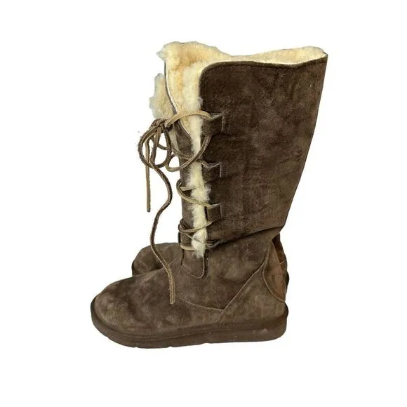 UGG Whitley Tall Brown Suede Boots Lace Up Sheepskin Shearling 5122 Womens 8 39