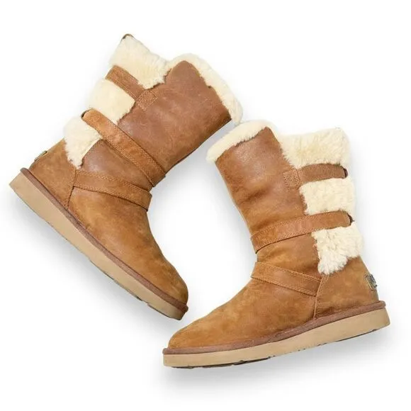 Ugg Women's Brown Suede Becket Mid Calf Pull On Winter Shearling Buckle Boots 7