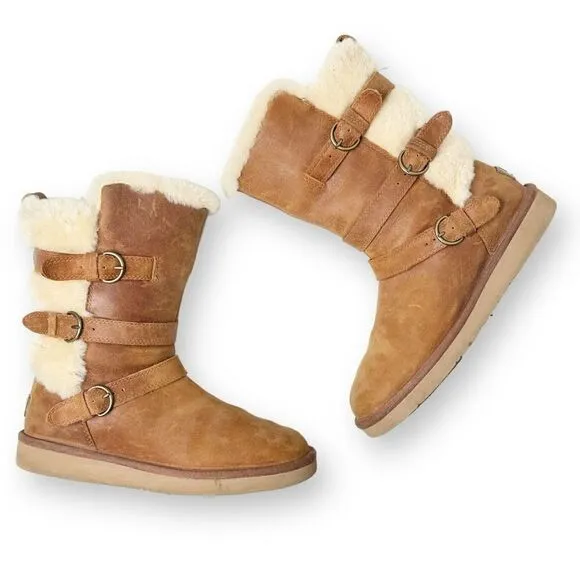 Ugg Women's Brown Suede Becket Mid Calf Pull On Winter Shearling Buckle Boots 7