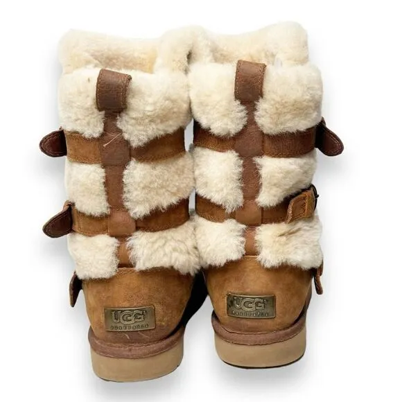 Ugg Women's Brown Suede Becket Mid Calf Pull On Winter Shearling Buckle Boots 7