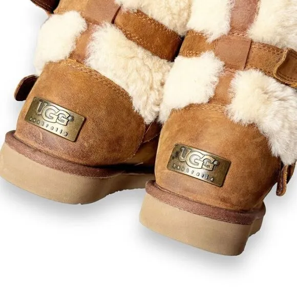Ugg Women's Brown Suede Becket Mid Calf Pull On Winter Shearling Buckle Boots 7