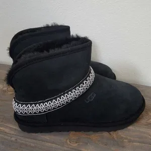 Ugg Womens Sz 7 Classic Mini Crescent Black Short Ankle Boots Lamb Fur NEW