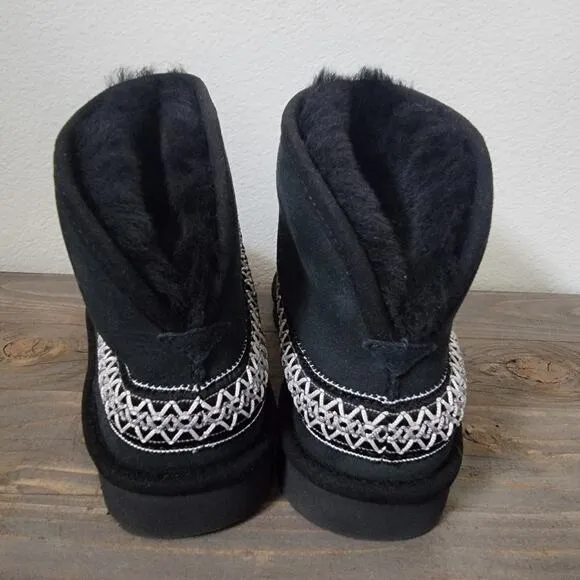 Ugg Womens Sz 7 Classic Mini Crescent Black Short Ankle Boots Lamb Fur NEW