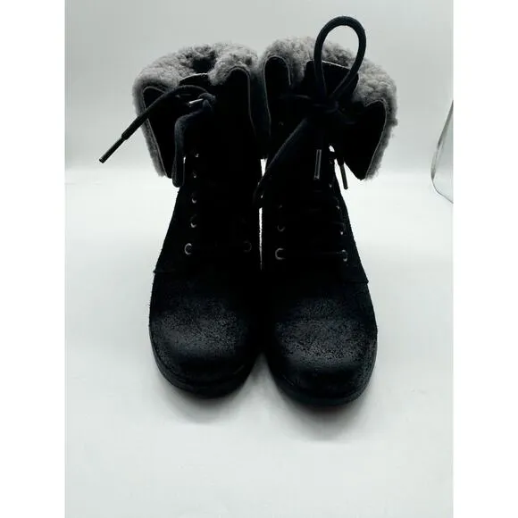 UGG Zea Shearling Lined Wedge Heel Black Winter Fold Over Ankle Boots Size 6