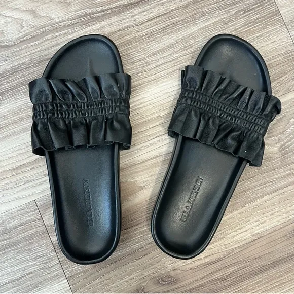 Ulla Johnson Rex Ruffle Beach Slide Sandals In Black
