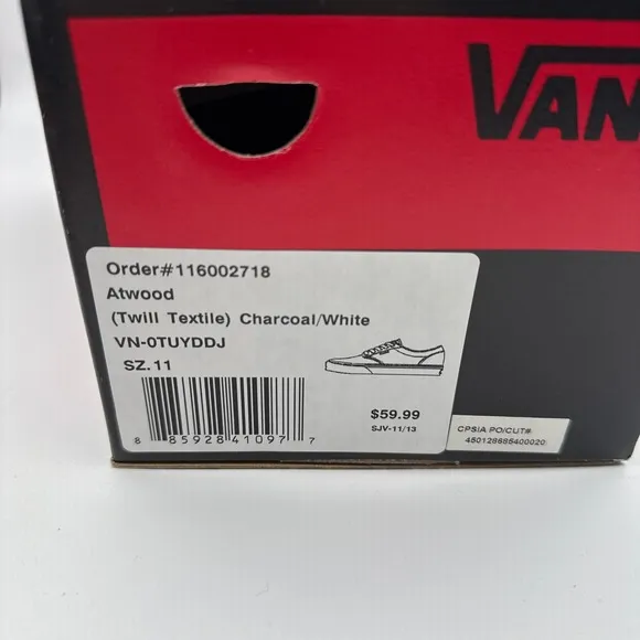 Vans Atwood Twill Textile Mens Shoes Size 11 NIB Charcoal White