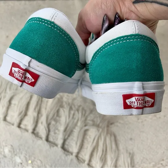 Vans Classic Sport Sneakers White/Green Suede Low Top Casual Shoes 8.5 Mens