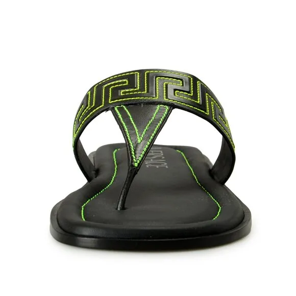Versace Men's Black &amp; Green Leather Pool Slide Flip Flops Shoes US 10.5 IT 43.5