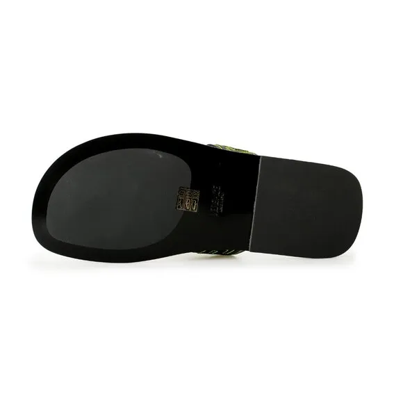 Versace Men's Black &amp; Green Leather Pool Slide Flip Flops Shoes US 10.5 IT 43.5