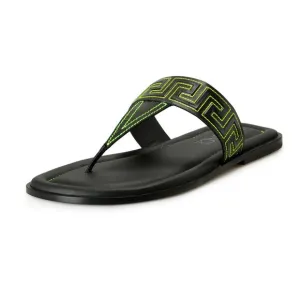 Versace Men's Black &amp; Green Leather Pool Slide Flip Flops Shoes US 10.5 IT 43.5
