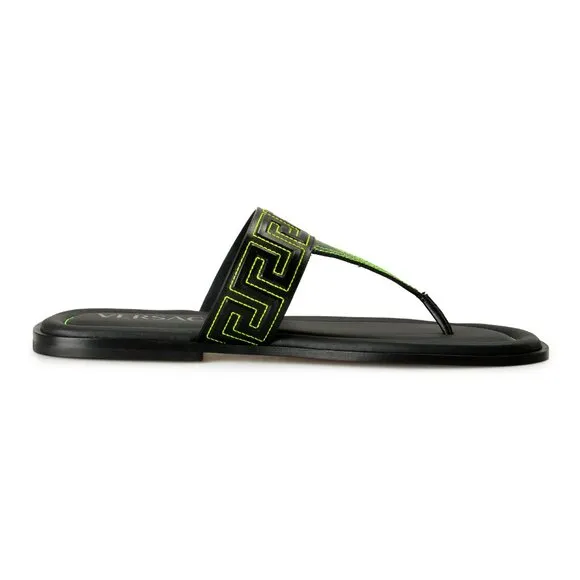 Versace Men's Black &amp; Green Leather Pool Slide Flip Flops Shoes US 10.5 IT 43.5