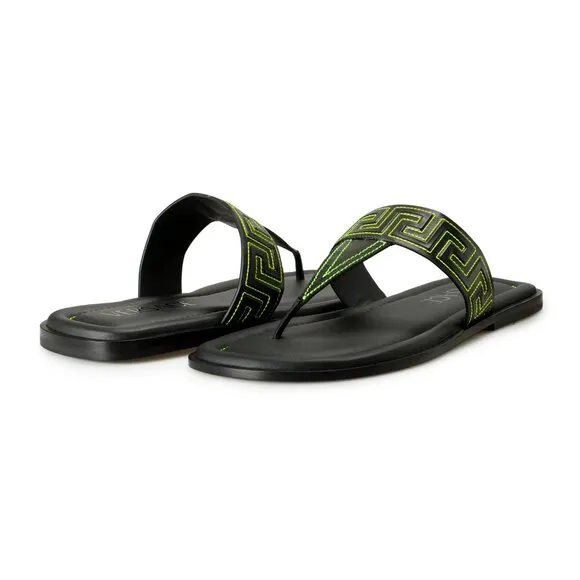 Versace Men's Black &amp; Green Leather Pool Slide Flip Flops Shoes US 10.5 IT 43.5