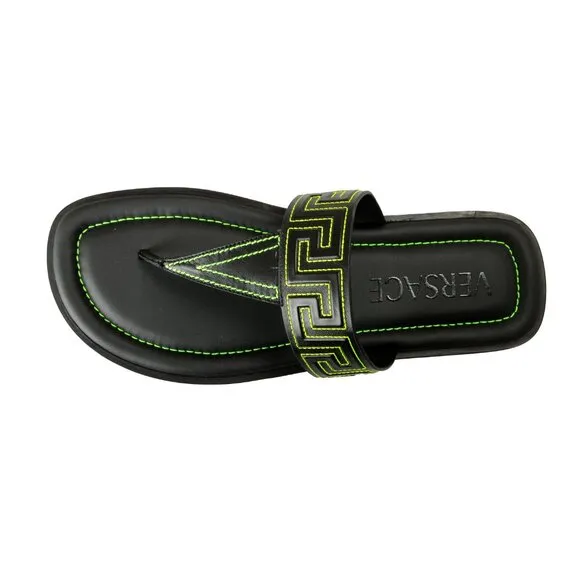 Versace Men's Black &amp; Green Leather Pool Slide Flip Flops Shoes US 10.5 IT 43.5
