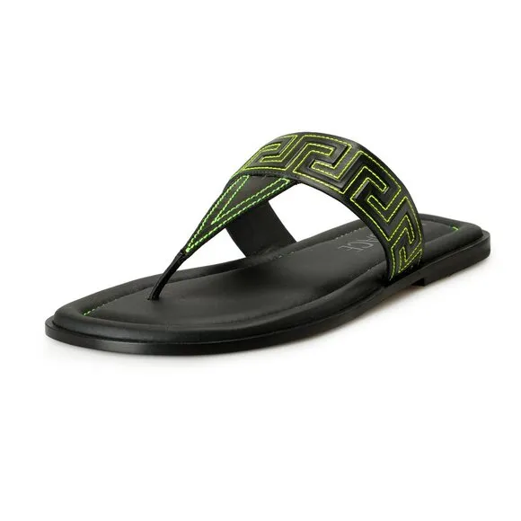 Versace Men's Black &amp; Green Leather Pool Slide Flip Flops Shoes US 10.5 IT 43.5