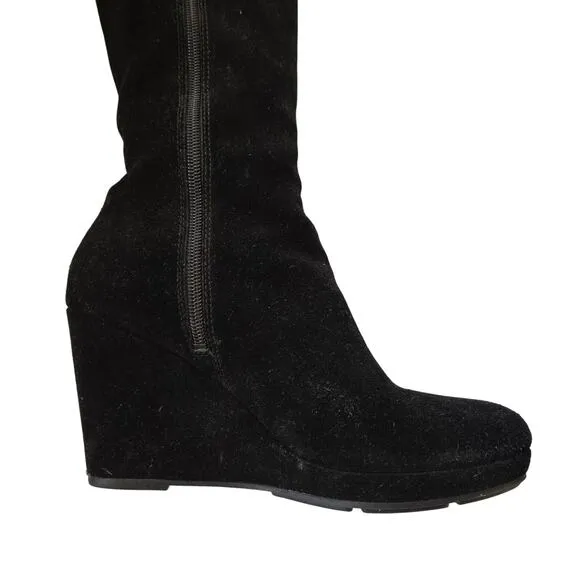 Via Spiga Black Genuine Suede Zip up tall wedge boots Size 8 1/2