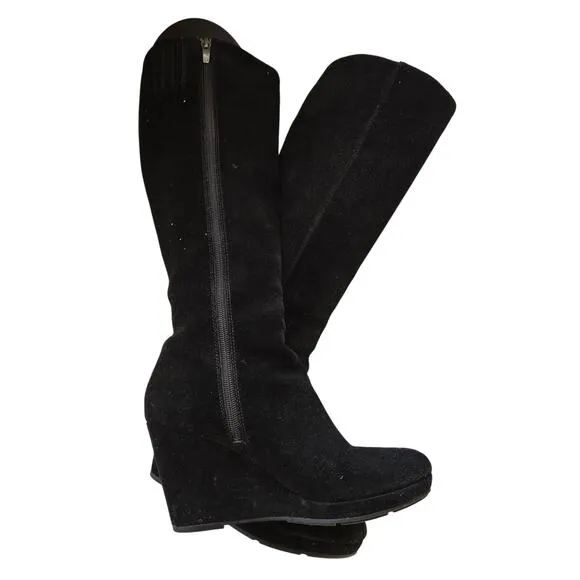Via Spiga Black Genuine Suede Zip up tall wedge boots Size 8 1/2