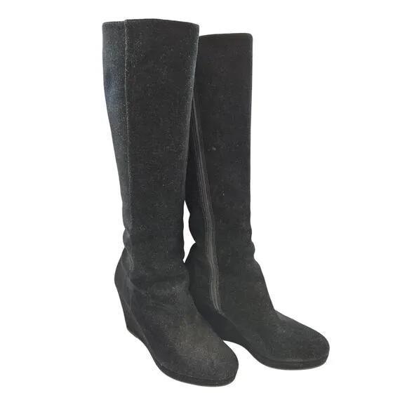 Via Spiga Black Genuine Suede Zip up tall wedge boots Size 8 1/2