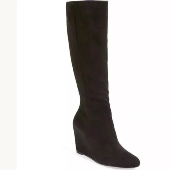 Via Spiga Black Genuine Suede Zip up tall wedge boots Size 8 1/2