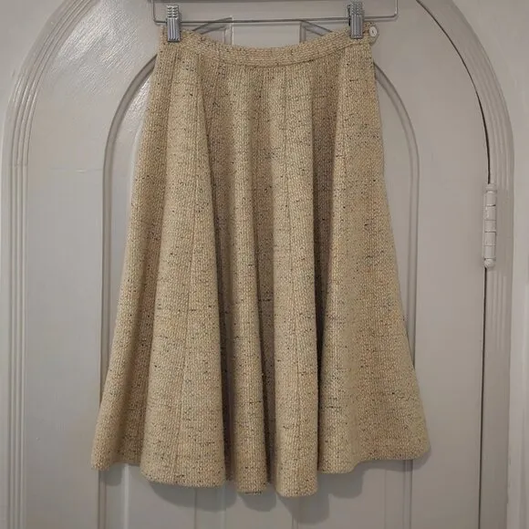 VINTAGE 50s 100% Wool Yellow Dotted Tweed Bouclé 3/4 Circle Swing Skirt Sz XS