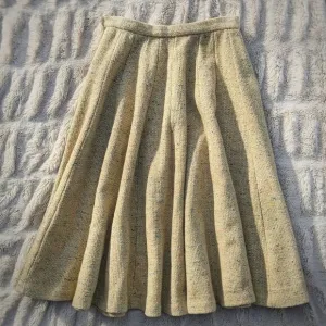 VINTAGE 50s 100% Wool Yellow Dotted Tweed Bouclé 3/4 Circle Swing Skirt Sz XS