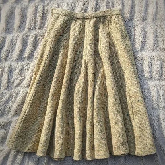 VINTAGE 50s 100% Wool Yellow Dotted Tweed Bouclé 3/4 Circle Swing Skirt Sz XS