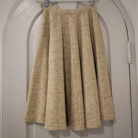 VINTAGE 50s 100% Wool Yellow Dotted Tweed Bouclé 3/4 Circle Swing Skirt Sz XS
