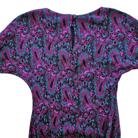Vintage '70s Long Sleeve Purple Paisley Crew Neck Drop Waist Knit Midi Dress 4