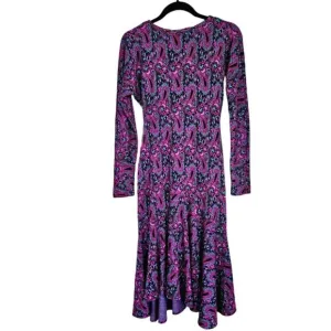 Vintage '70s Long Sleeve Purple Paisley Crew Neck Drop Waist Knit Midi Dress 4
