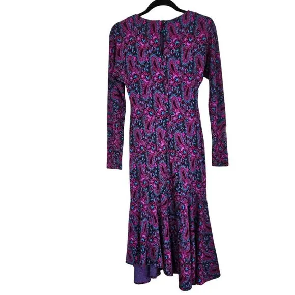 Vintage '70s Long Sleeve Purple Paisley Crew Neck Drop Waist Knit Midi Dress 4