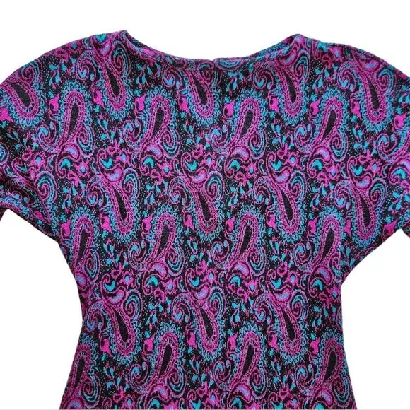Vintage '70s Long Sleeve Purple Paisley Crew Neck Drop Waist Knit Midi Dress 4