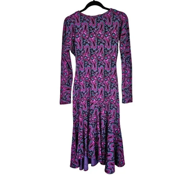Vintage '70s Long Sleeve Purple Paisley Crew Neck Drop Waist Knit Midi Dress 4