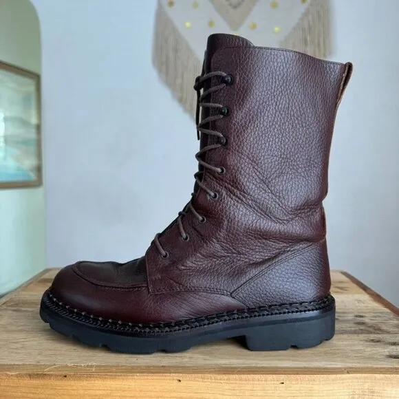 Vintage Cole Haan Brown Pebbled Genuine Leather Lace Up Moc Toe Combat Boots