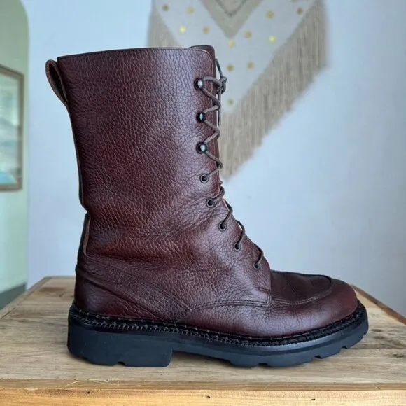 Vintage Cole Haan Brown Pebbled Genuine Leather Lace Up Moc Toe Combat Boots