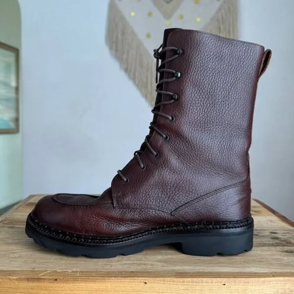 Vintage Cole Haan Brown Pebbled Genuine Leather Lace Up Moc Toe Combat Boots