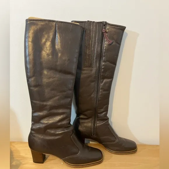 Vintage Leather Boots Knee High Chocolate Brown Full Zip Sherpa Lined Like New