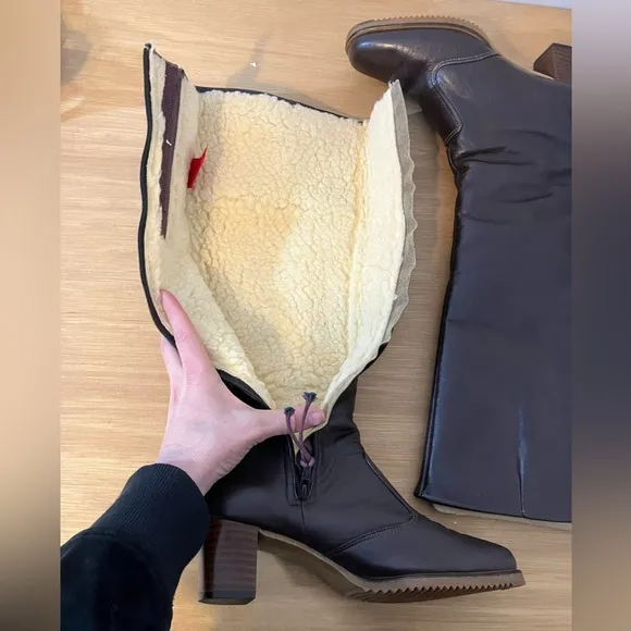 Vintage Leather Boots Knee High Chocolate Brown Full Zip Sherpa Lined Like New