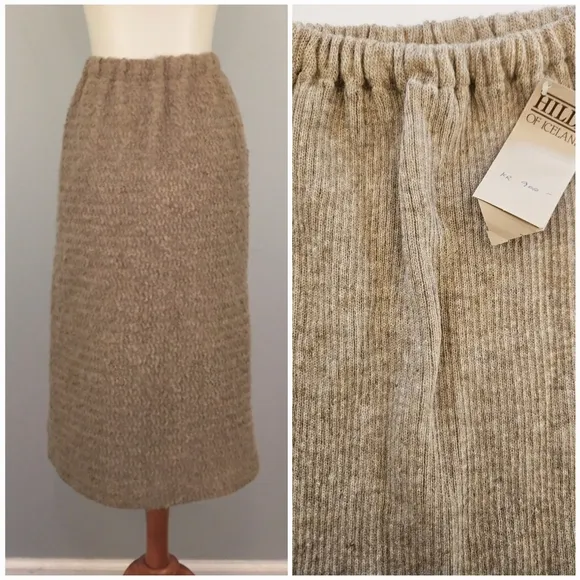 Vintage NWT Hilda Of Iceland Pure Wool Ribbed Straight Midi Skirt Oatmeal Tan M