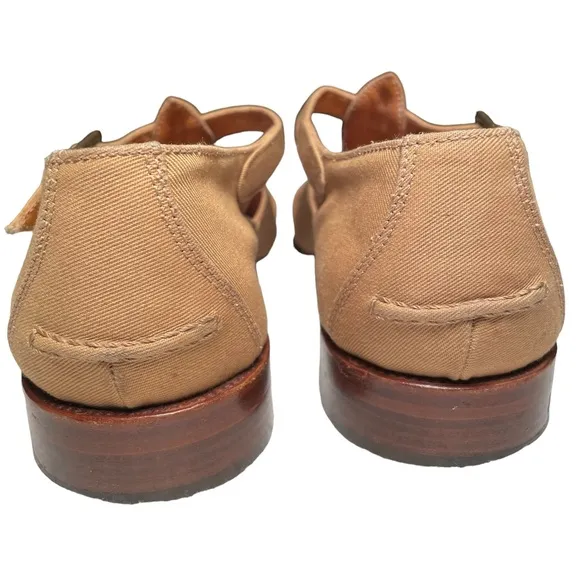 Vintage POLO RL fisherman shoes. Tan fabric, leather sole, wood heel. 7…