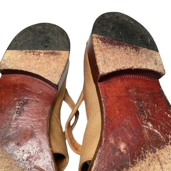 Vintage POLO RL fisherman shoes. Tan fabric, leather sole, wood heel. 7…