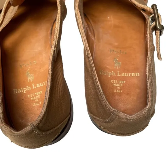 Vintage POLO RL fisherman shoes. Tan fabric, leather sole, wood heel. 7…