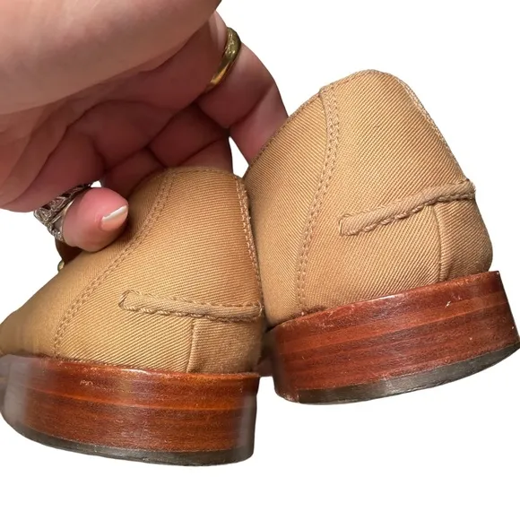 Vintage POLO RL fisherman shoes. Tan fabric, leather sole, wood heel. 7…