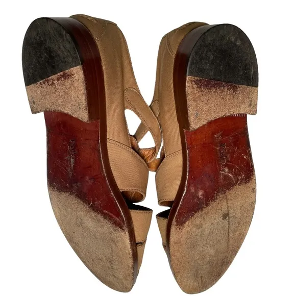 Vintage POLO RL fisherman shoes. Tan fabric, leather sole, wood heel. 7…